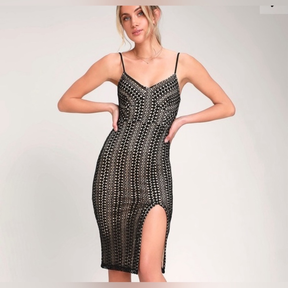 Lulu's Black and Nude Beaded Midi Dress with Thigh Slit